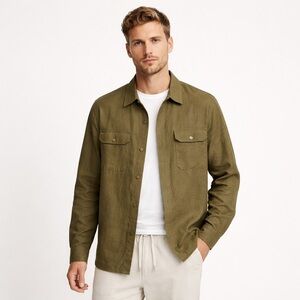ASOS Linen Shirt Jacket 2XL Olive Long Sleeve Button Up Lightweight